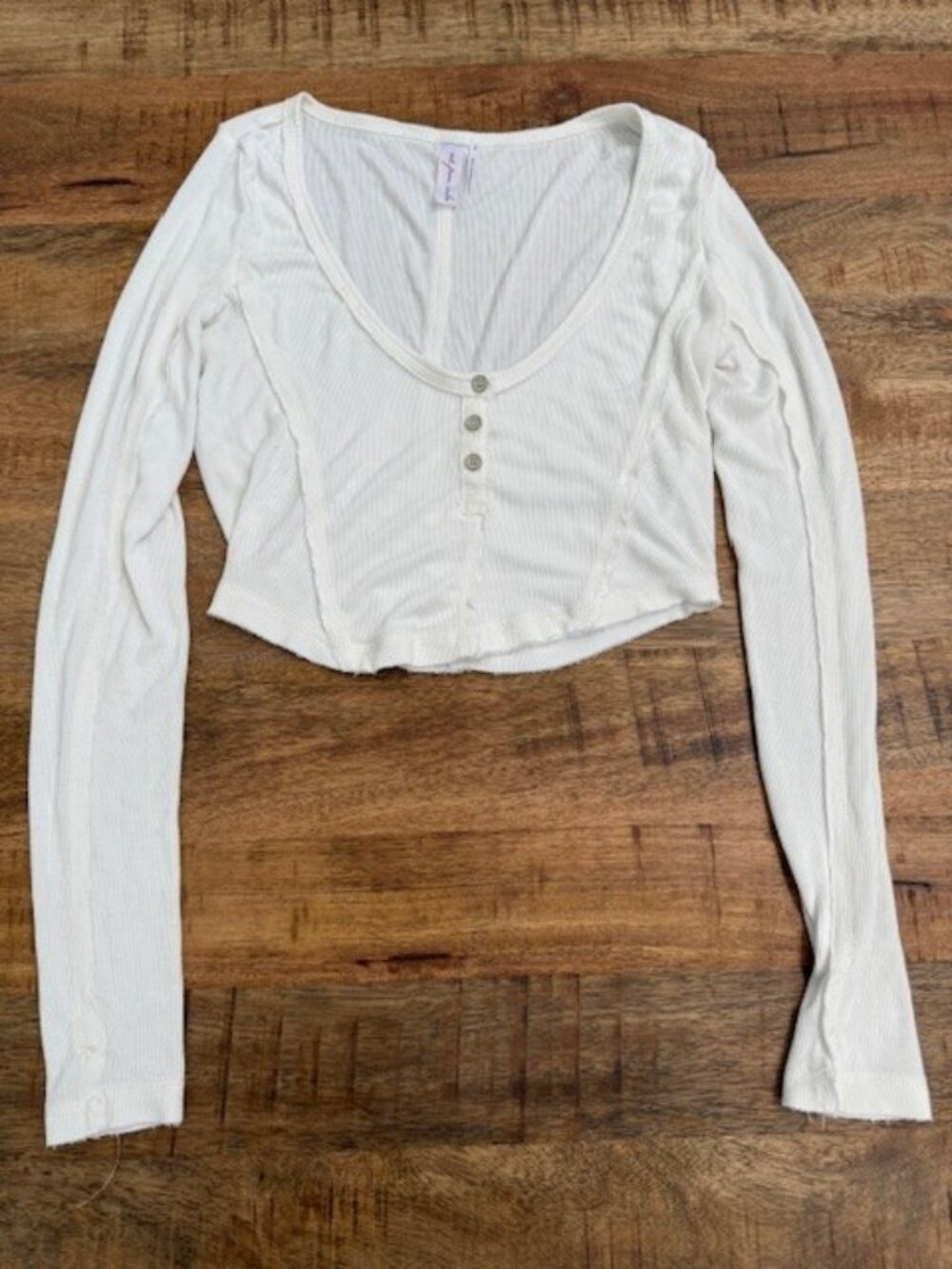 Out From Under Shirt Womens Small Ivory Ribbed Cropped Henley Long Sleeve Top